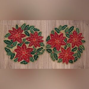 Set Of 2 Tahari Poinsettia Beaded Placemats Chargers 15” Holiday Christmas New